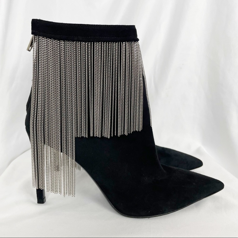 Balmain Mercy Suede Chain Fringe Pointed Toe Stiletto Heeled Ankle Boots Black